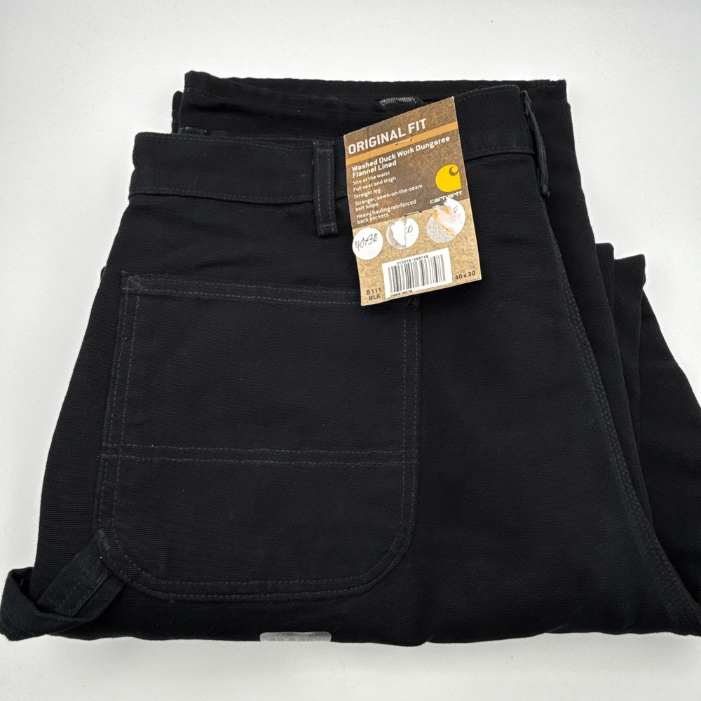 Carhartt B111 BLK Washed Duck Work Dungaree Flannel Lined Black 40x30 Mens NWT